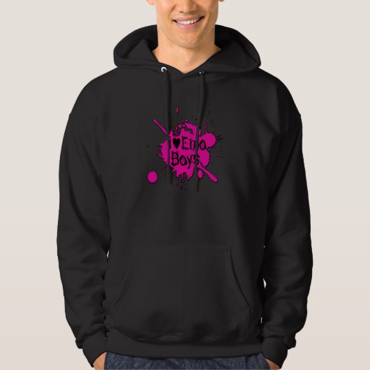"I Love Emo Boys" Roze Verf Splatter Hoodie (Voorkant)