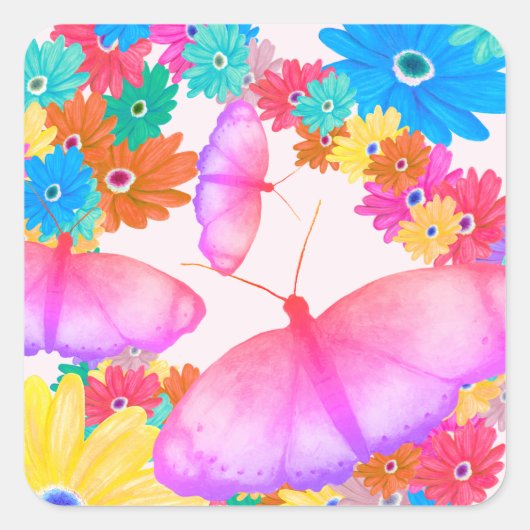 I Love Flowers. Butterfly Dream Vierkante Sticker (Voorkant)