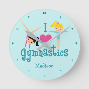 I Love Gymnastics Cute Personalized Blauwgroen Gym Ronde Klok