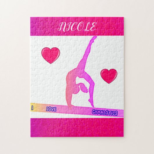 "I Love Gymnastics" puzzel met harten. (Verticaal)