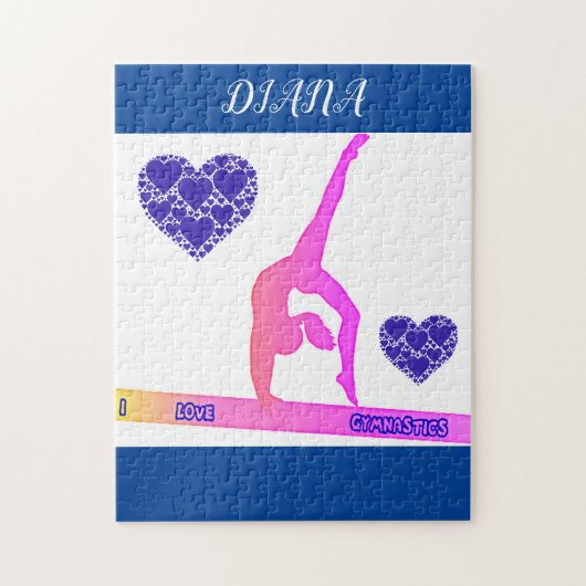 "I Love Gymnastics" puzzel met harten. (Verticaal)