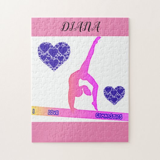 "I Love Gymnastics" puzzel met harten. (Verticaal)