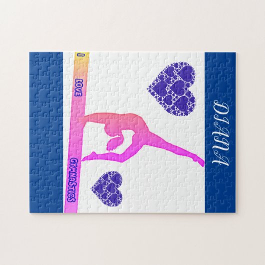"I Love Gymnastics" puzzel met harten. Legpuzzel (Horizontaal)