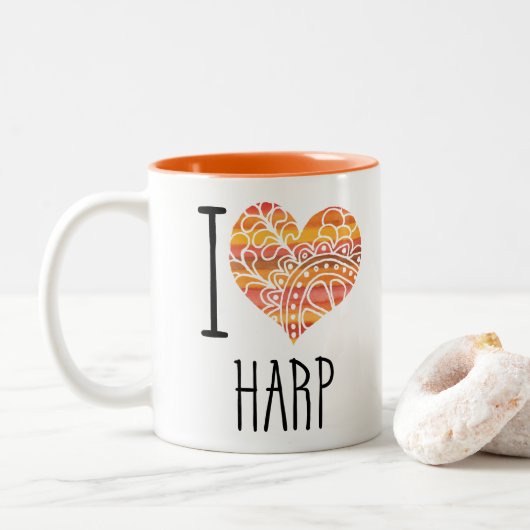 I Love Harp Oranje Mandala Heart Tweekleurige Koffiemok (Met donut)