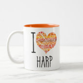 I Love Harp Oranje Mandala Heart Tweekleurige Koffiemok (Links)