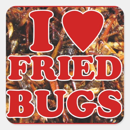 I Love (Heart) Fried Bugs / Eetable Insects Vierkante Sticker (Voorkant)