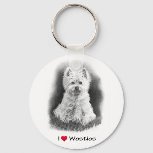I Love (Heart) Westies: Potlood Drawing Sleutelhanger