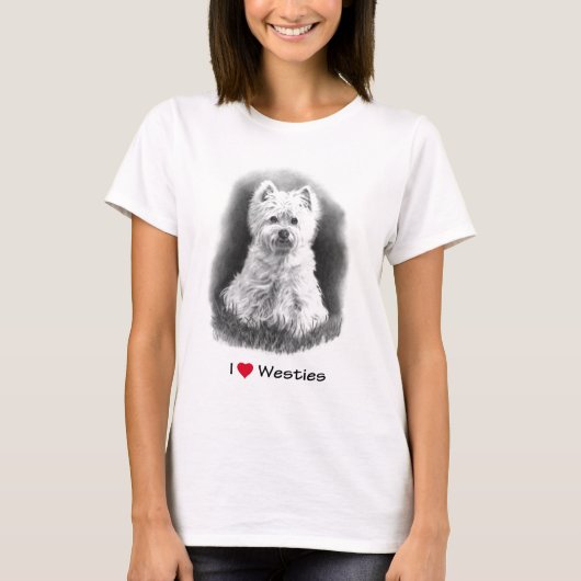 I Love (Heart) Westies: potloodtekening T-shirt (Voorkant)