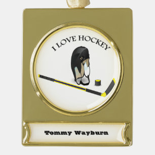 I Love hockey design with stick and helm Verguld Banner Ornament