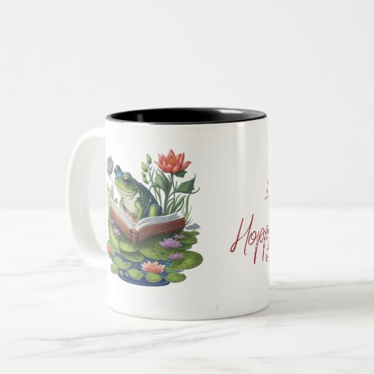 I Love Hoppy Endings Book Lovers Frog Tweekleurige Koffiemok (Voorkant links)