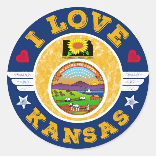 I Love Kansas State Map and Flag Ronde Sticker (Voorkant)