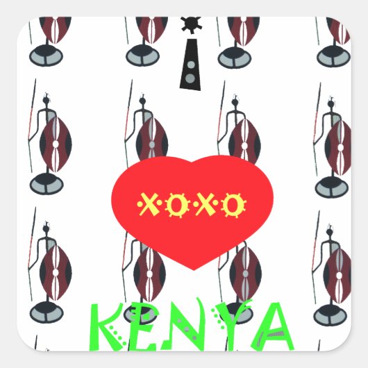 I Love Kenya XOXO Maasai with shield and spear Vierkante Sticker (Voorkant)