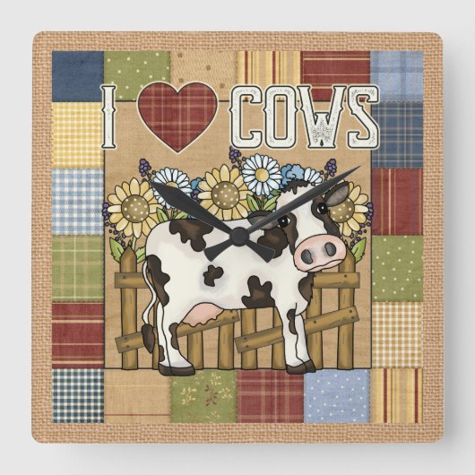I Love Koeien Country Patchwork Vierkante Klok (Voorkant)