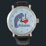 I Love Manatees Horloge<br><div class="desc">Een schattig blauw manatee naast een rood hart voor een marien dierenexpert of bioloog die van bedreigde soorten houdt en vecht voor de rechten van dieren. Ik hou van manatees horloge.</div>