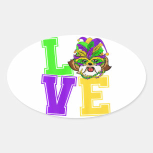 I Love Mardi Gras Funny Shih Tzu Dog Party Gift Ovale Sticker