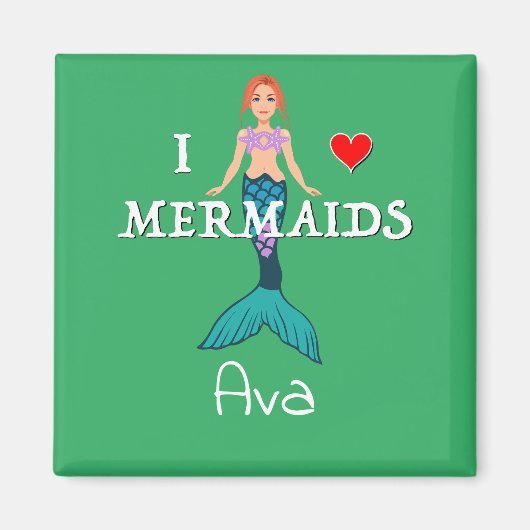 I Love Mermaids Design - Square Magnet Button (Voorkant)