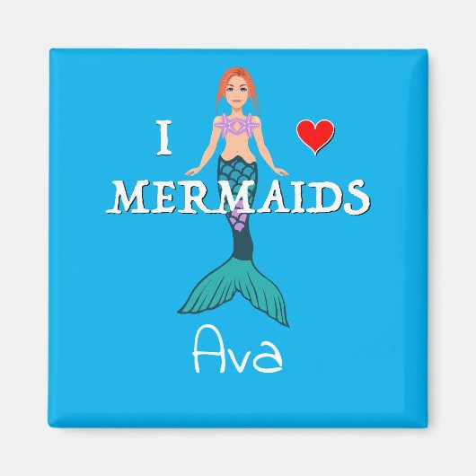 I Love Mermaids Design - Square Magnet Button (Voorkant)