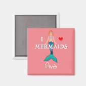 I Love Mermaids Design - Square Magnet Button (Voorkant / Achterkant)