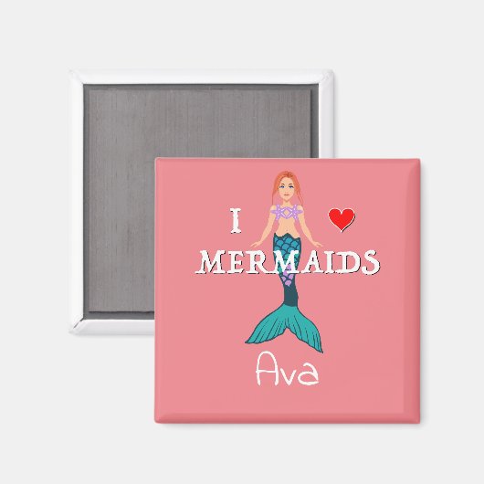 I Love Mermaids Design - Square Magnet Button (Voorkant / Achterkant)