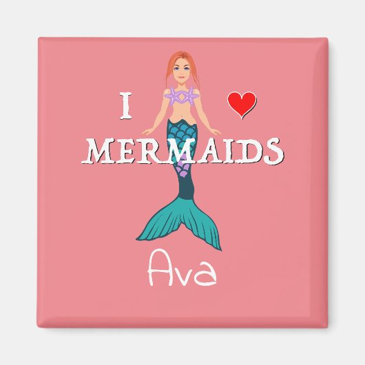 I Love Mermaids Design - Square Magnet Button (Voorkant)