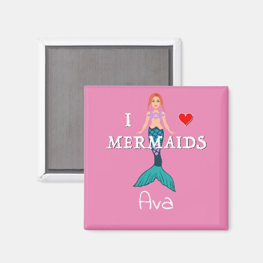 I Love Mermaids Design - Square Magnet Button (Voorkant / Achterkant)