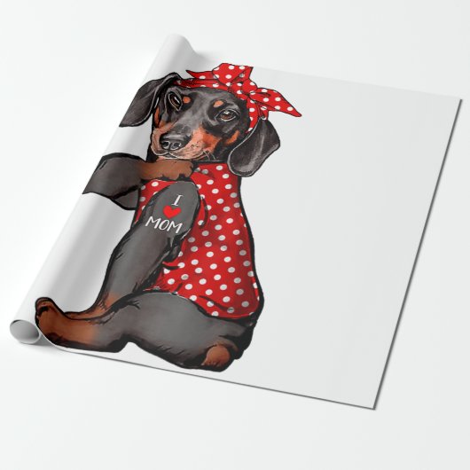 I Love Mom Tattoo Funny Dachshund Dog Wearing Band Cadeaupapier (Uitgerold)
