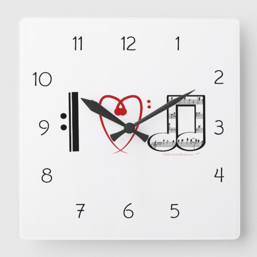 I Love Music Wall Clock Gift for Music Lovers Vierkante Klok (Voorkant)