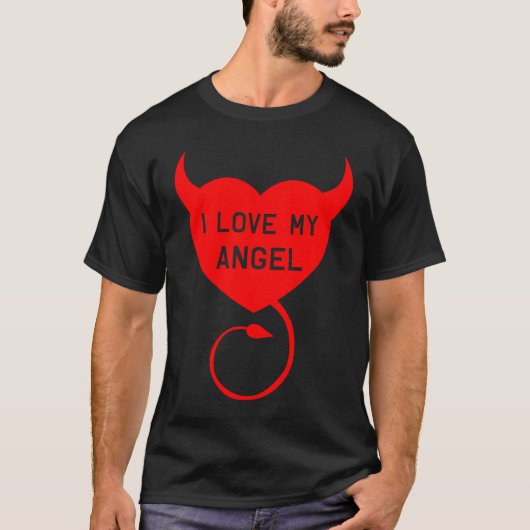 I Love My Angel Devil Horns Couples Valentine's Da T-shirt (Voorkant)