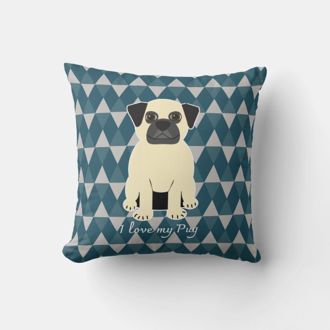 I love my Pug, Blue diamonds pattern Kussen (Voorkant)