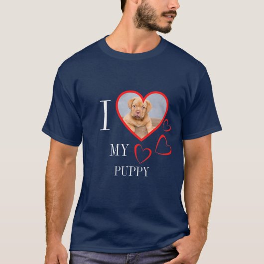 I Love My Puppy Custom Heart Photo Blue T-Shirt (Voorkant)