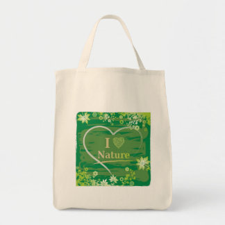 I Love Natuur Heart Text and Flowers - Green Tote Bag