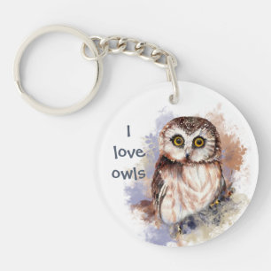 "I love Owls" Cute Waterverf Owl Quote Sleutelhanger