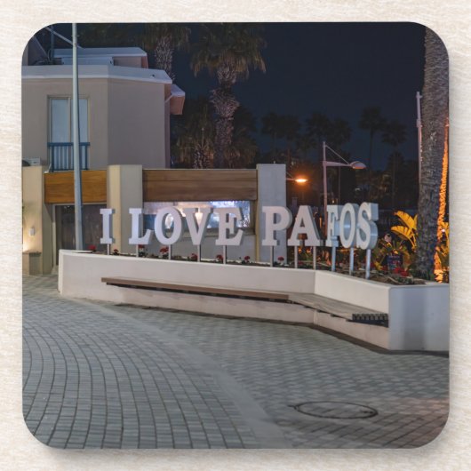 I Love Pafos teken 's nachts Bier Onderzetter (Voorkant)