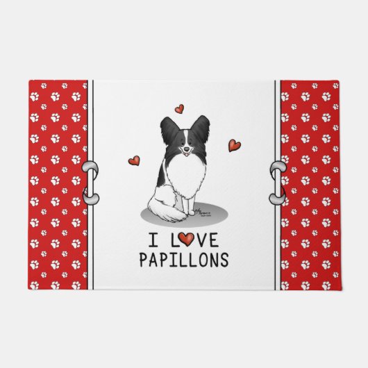 I Love Papillons (white & black) Hearts Dogs Cute Deurmat (Voorkant)