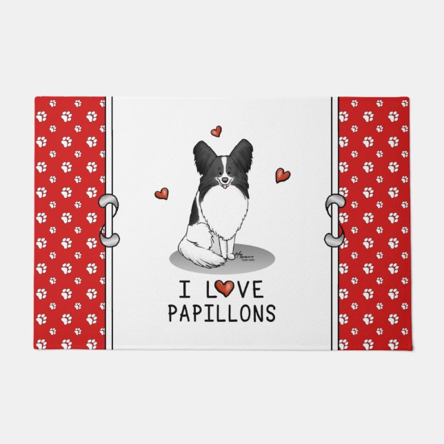 I Love Papillons (white & black) Hearts Dogs Cute Deurmat (Voorkant)