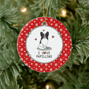 I Love Papillons (white & black) Hearts Dogs Cute Keramisch Ornament