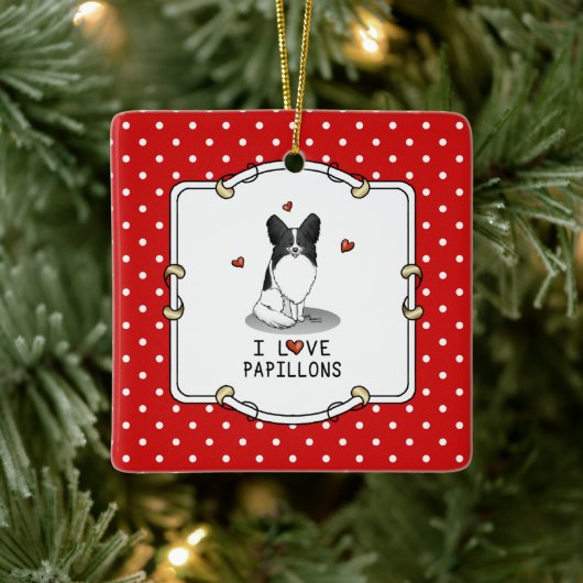 I Love Papillons (white & black) Hearts Dogs Cute Keramisch Ornament (Boom)