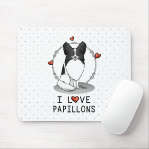 I Love Papillons (white & black) Hearts Dogs Cute Muismat