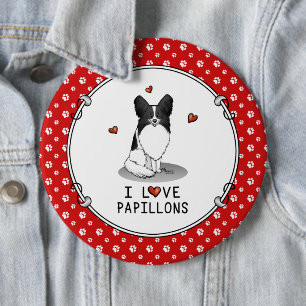 I Love Papillons (white & black) Hearts Dogs Cute Ronde Button 6,0 Cm