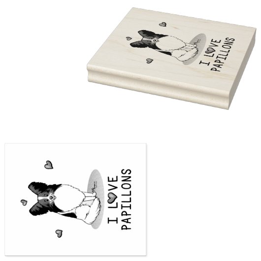 I Love Papillons (white & black) Hearts Dogs Cute Rubberstempel (Gestempeld)