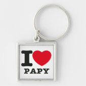 "I Love Papy" Zwart Typografie Gezegde Rood Hart Sleutelhanger (Voorkant)