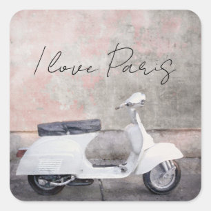 I Love Paris White motor Scooter Vierkante Sticker