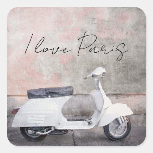 I Love Paris White motor Scooter Vierkante Sticker (Voorkant)