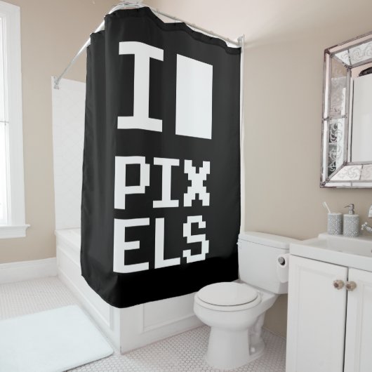 I Love Pixels, geek design, pixel art Douchegordijn (In situ)