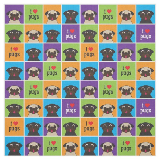 I Love Pugs Color Squares Large Pattern Stof (Swatch)