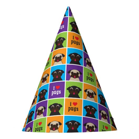 I Love Pugs Color Squares Pattern Feesthoedjes (Voorkant)