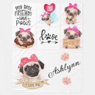 I Love Pugs Fleece Deken