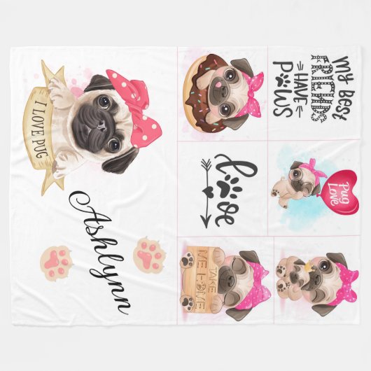 I Love Pugs Fleece Deken (Voorkant (Horizontaal))