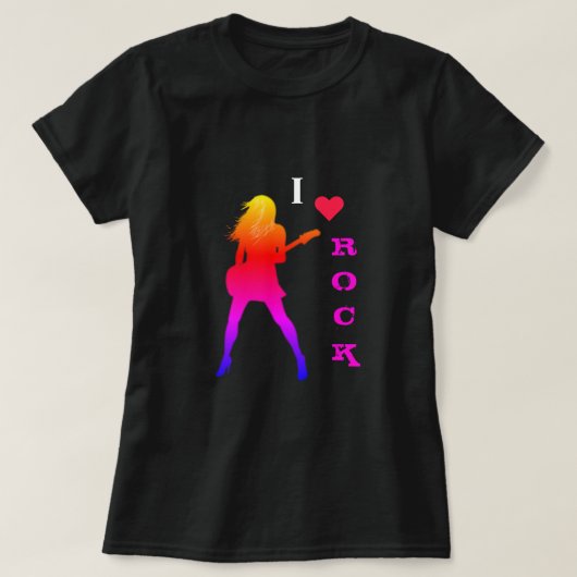 I Love Rock Music T-Shirt with Guitar Player Girl (Design voorkant)