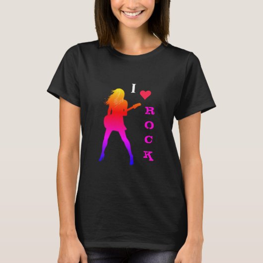 I Love Rock Music T-Shirt with Guitar Player Girl (Voorkant)